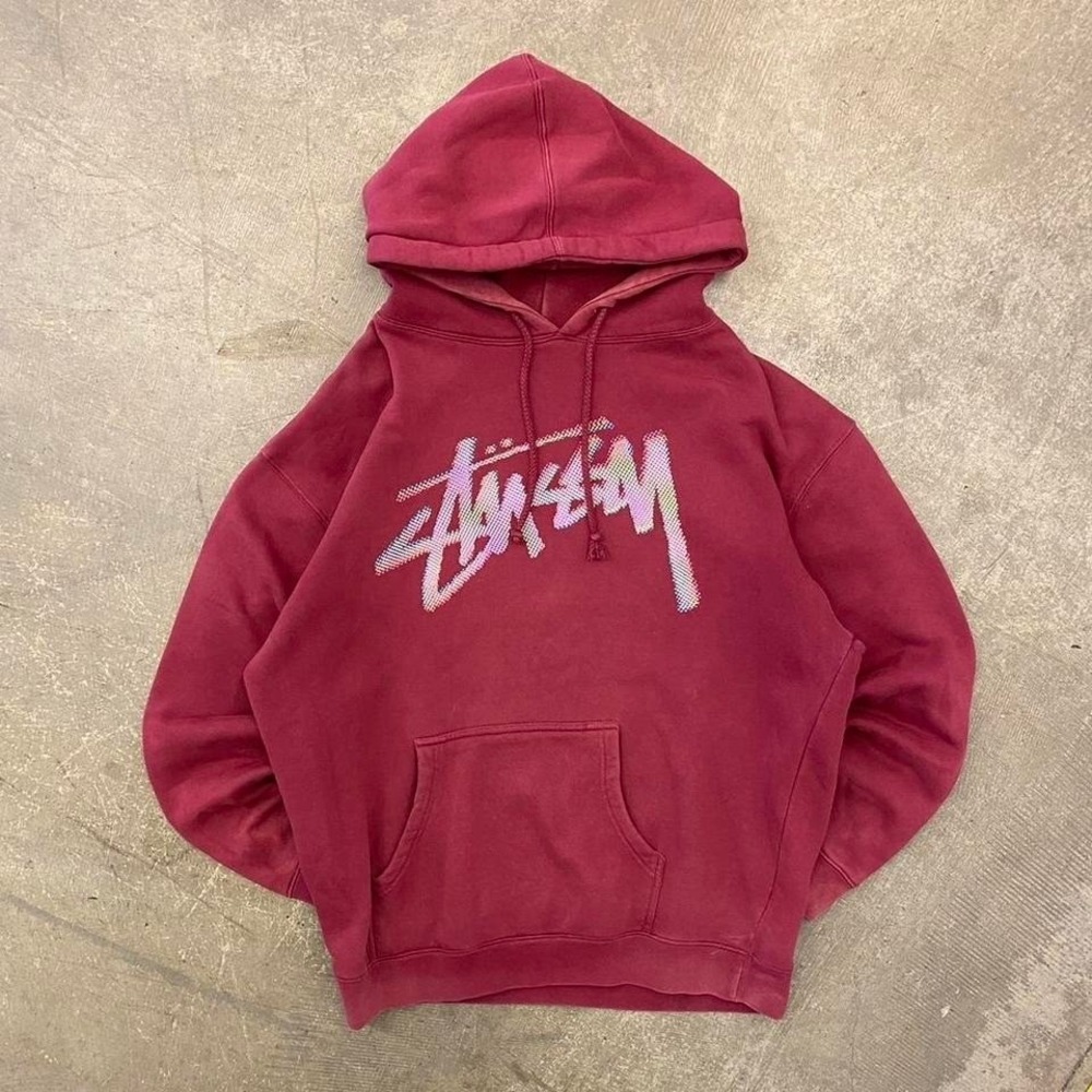 Vintage 90s Stussy Digital Spellout Burgundy Made in USA Hoodie Size Large